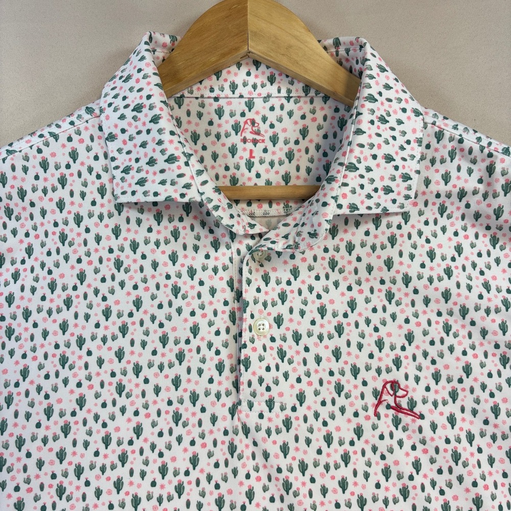 Rhoback Performance Polo Men's L White Cactus Print Golf Short Sleeve Stretch